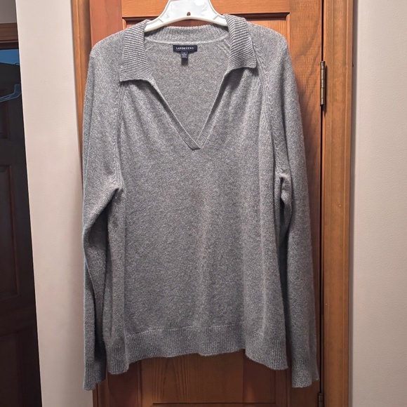 100% Cashmere Sweater, V Neck, collar, pullover, size 2X Lands End gray - Picture 1 of 8